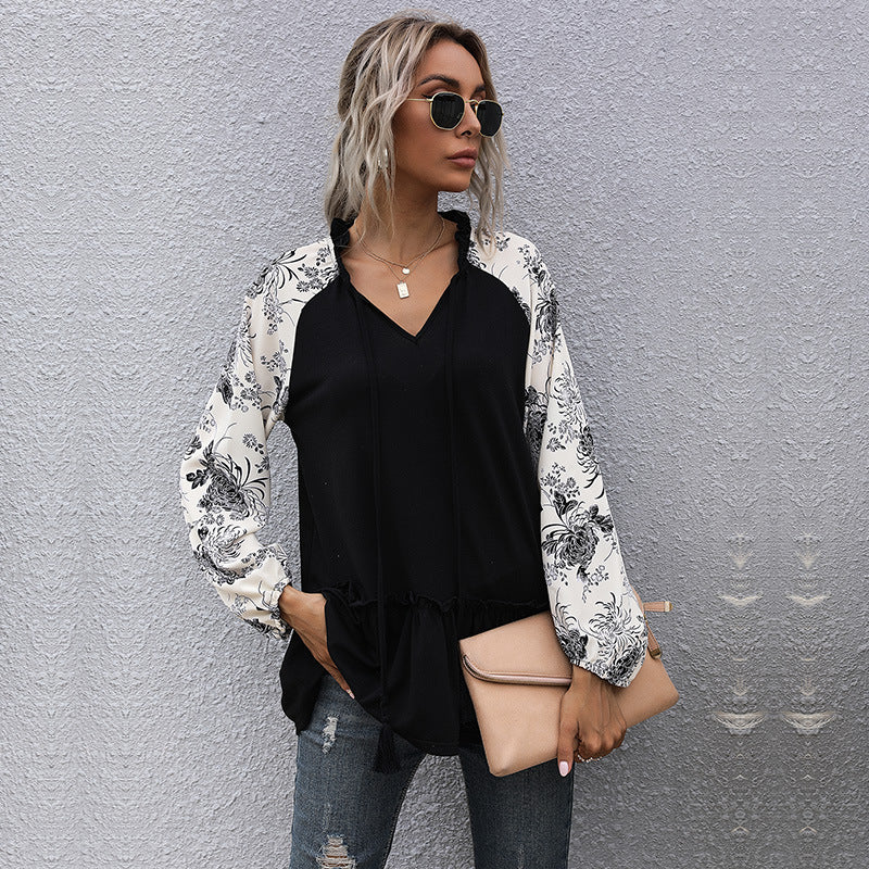 Women's Casual V-Neck Tunic Blouse with Ruffle Hem, Floral Raglan Sleeves and Drawstring
