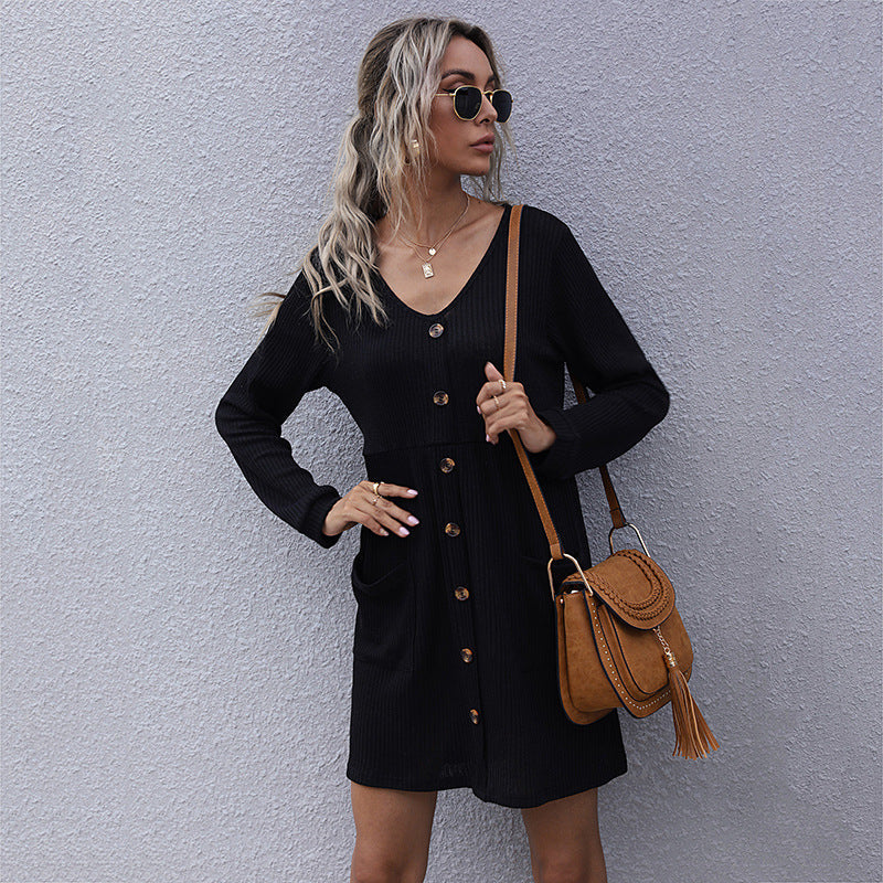 Women Ribbed Knit Dress with V-Neck, Button Placket and Patch Pockets Chichicherry