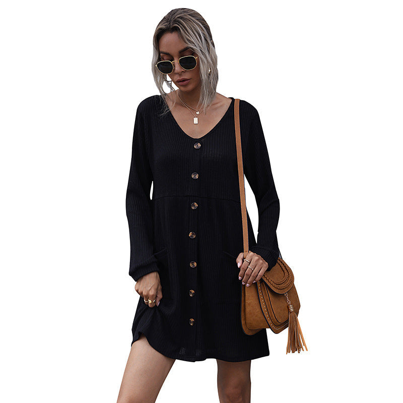 Women Ribbed Knit Dress with V-Neck, Button Placket and Patch Pockets Chichicherry
