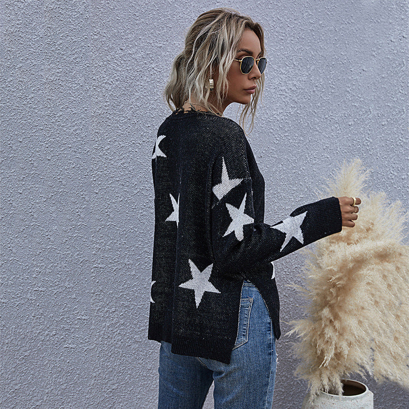 Women's Casual Star Knit Sweater in Oversize with V-Neck and Frayed Hem Chichicherry