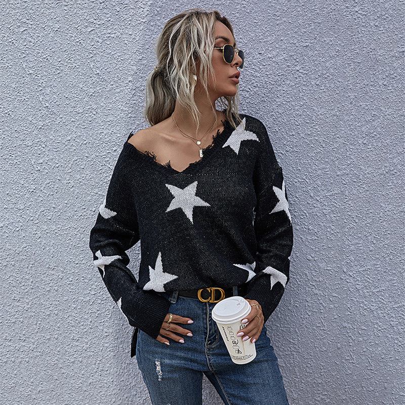 Women's Casual Star Knit Sweater in Oversize with V-Neck and Frayed Hem Chichicherry
