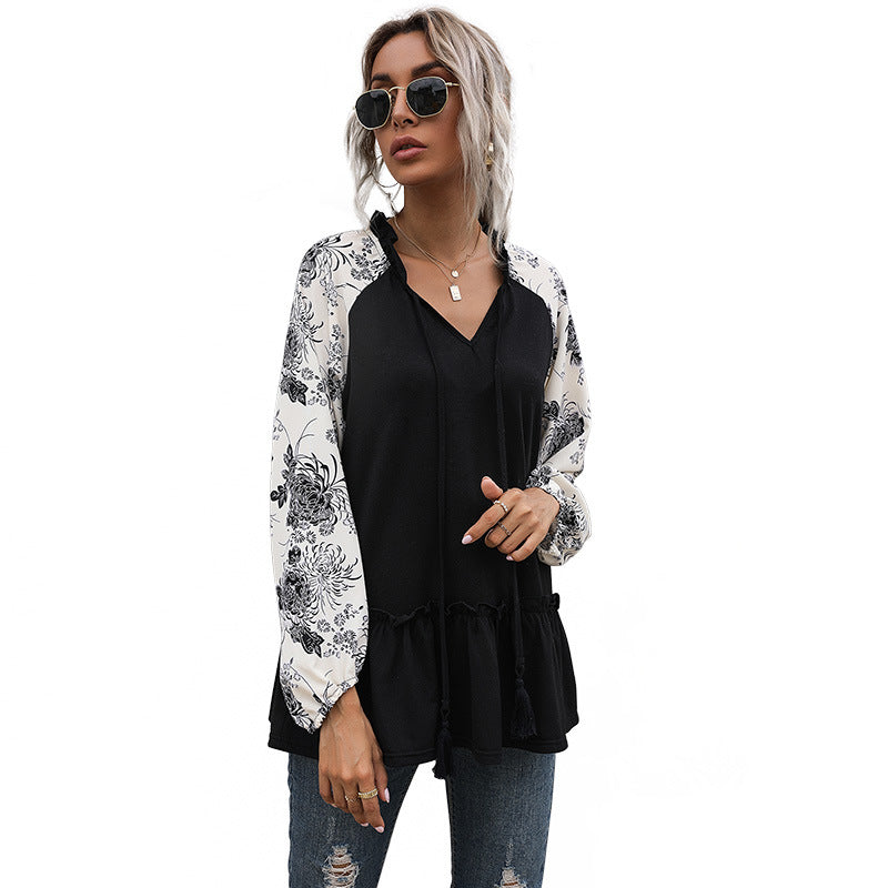 Women's Casual V-Neck Tunic Blouse with Ruffle Hem, Floral Raglan Sleeves and Drawstring