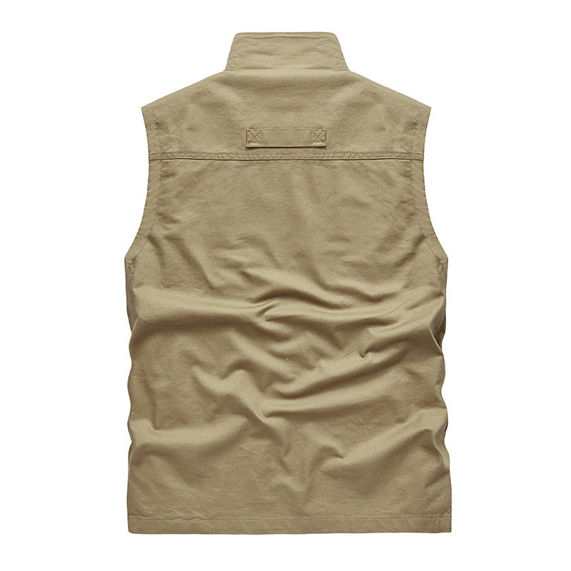 Men's sleeveless lightweight canvas utility vest with breathable mesh lining, wind-resistant front, and multiple zippered pockets Chichicherry