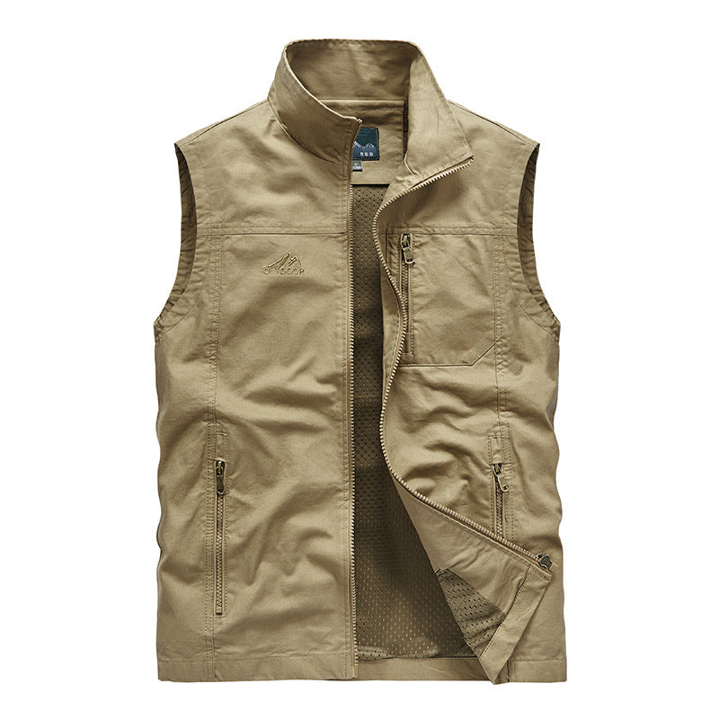 Men's sleeveless lightweight canvas utility vest with breathable mesh lining, wind-resistant front, and multiple zippered pockets Chichicherry