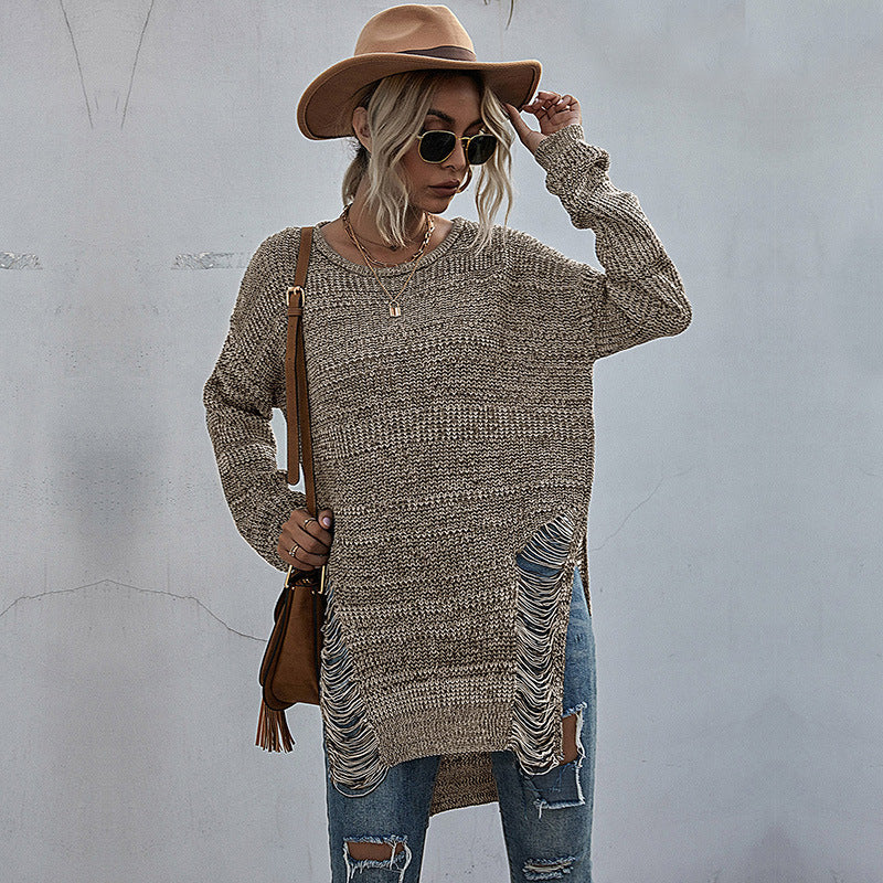 Women's chunky knit long sweater with side fringes and ribbed hem Chichicherry