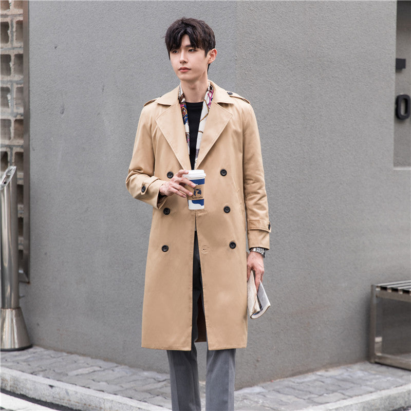 Men's Elegant Knee-Length Trench Coat Made of Lightweight Functional Fabric with Waist Belt Chichicherry