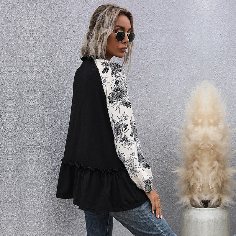 Women's Casual V-Neck Tunic Blouse with Ruffle Hem, Floral Raglan Sleeves and Drawstring