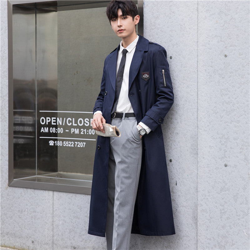 Men's long-cut trench coat in modern city style with sleeve zipper and shawl collar Chichicherry