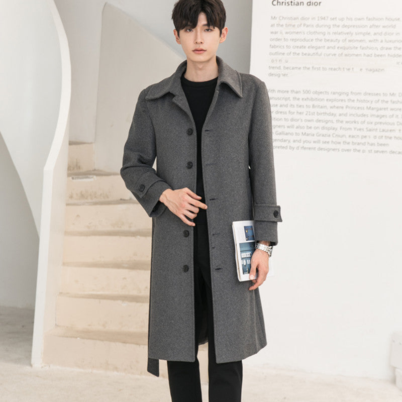 Men's Longline Wool Blend Coat with Concealed Button Placket and Shawl Collar Chichicherry
