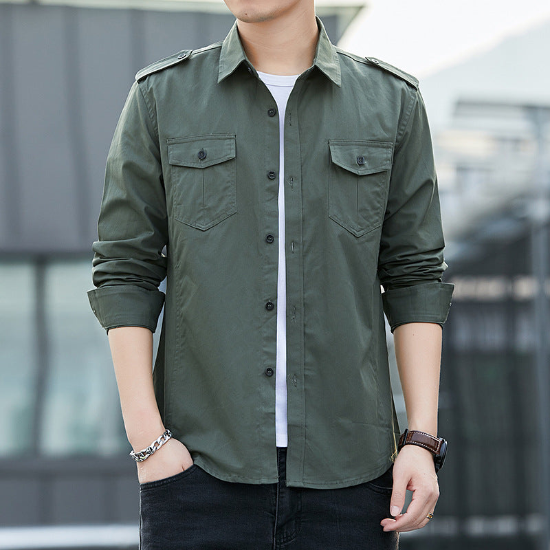 Men's Light Military-Inspired Overshirt with Epaulettes and Chest Flap Pockets Chichicherry