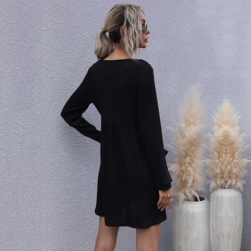 Women Ribbed Knit Dress with V-Neck, Button Placket and Patch Pockets Chichicherry