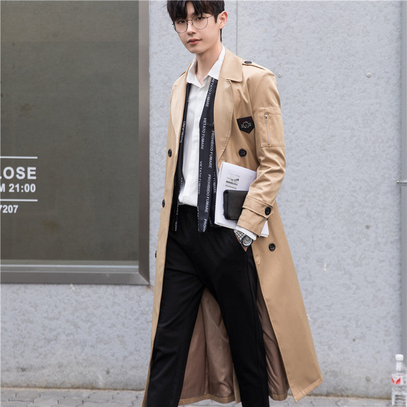 Men's long-cut trench coat in modern city style with sleeve zipper and shawl collar Chichicherry