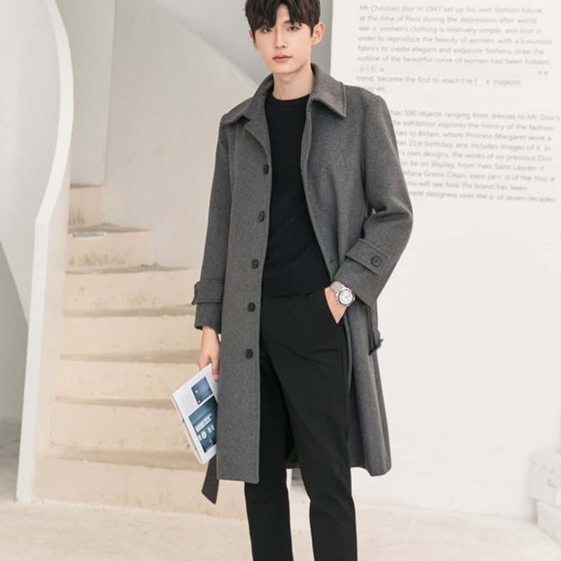 Men's long coat made of wool blend with concealed button placket, waist belt, and classic lapel Chichicherry