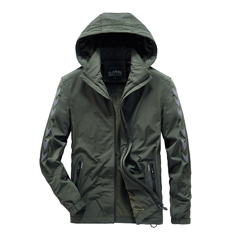 Men's water-repellent softshell jacket with hood, reflective chevron stripes and zippered pockets Chichicherry