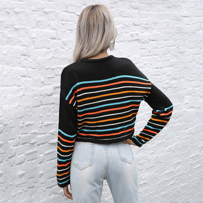 Ladies Cropped Fine Knit Sweater with Colorful Horizontal Stripes and Round Neck