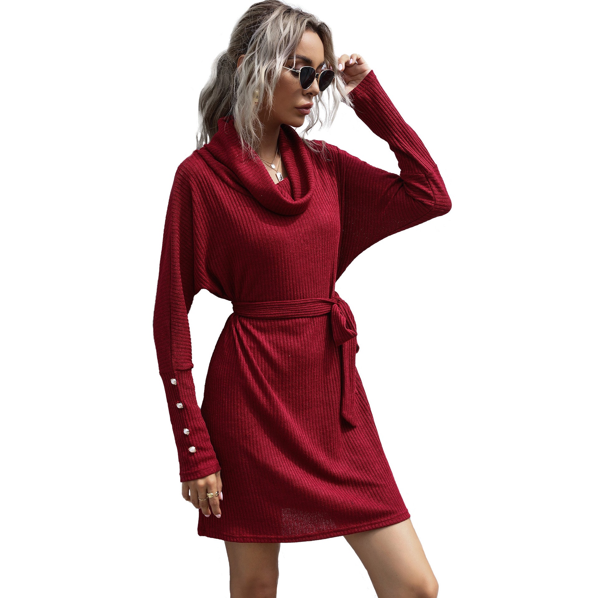 Women’s knitted dress with wide shawl collar, waist belt, and ribbed fine knit Chichicherry