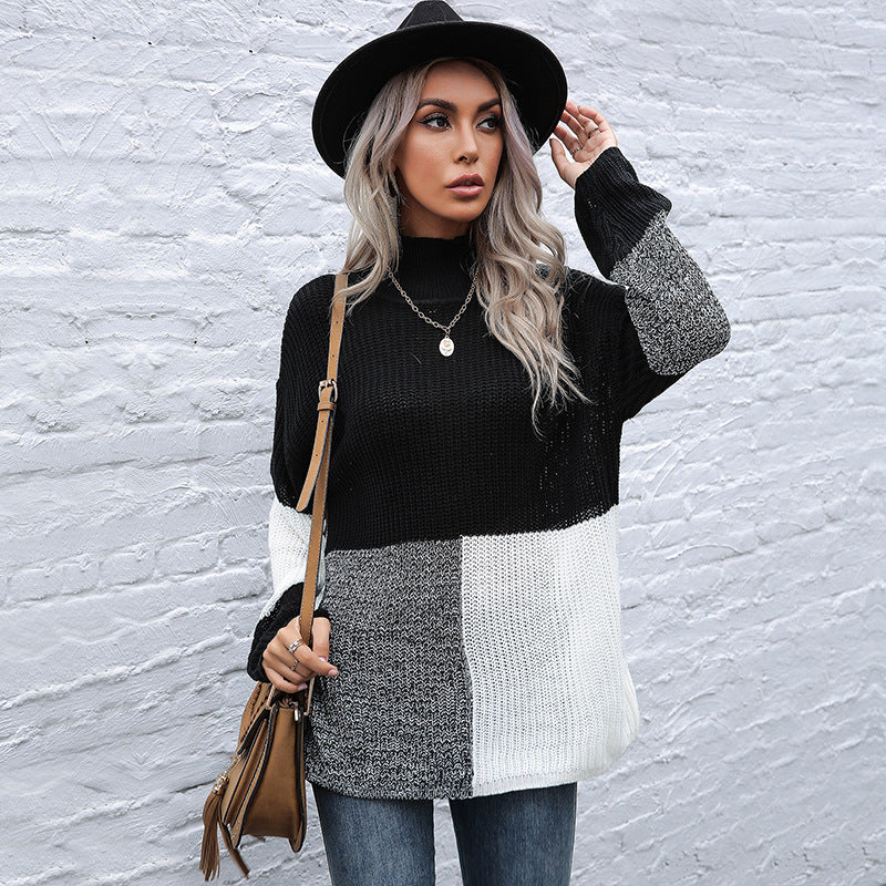 Women's Oversize Colorblock Knit Sweater with Stand-up Collar and Balloon Sleeves Chichicherry