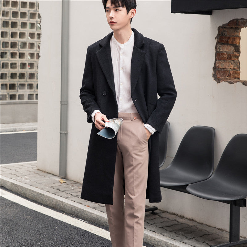 Men's long coat made of wool blend with lapel collar and discreet button placket Chichicherry