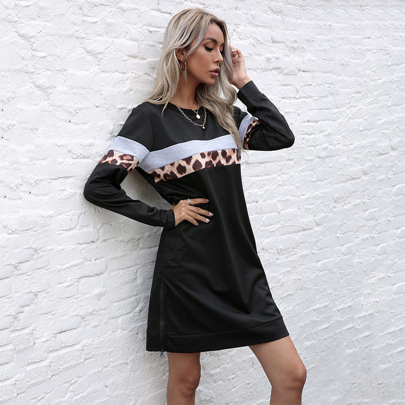 Women casual sweatshirt dress with leopard stripes and contrasting chest band Chichicherry