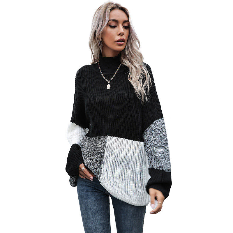 Women's Oversize Colorblock Knit Sweater with Stand-up Collar and Balloon Sleeves Chichicherry