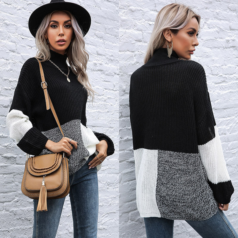 Women's Oversize Colorblock Knit Sweater with Stand-up Collar and Balloon Sleeves Chichicherry