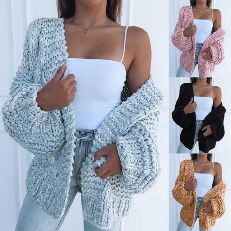 Women Oversized Chunky Knit Cardigan with Balloon Sleeves and Open Front Chichicherry