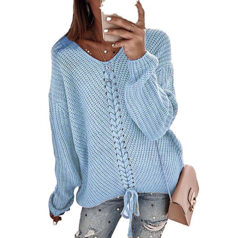 Women's Oversized Knit Sweater with V-Neck, Cable Knit and Lacing Chichicherry