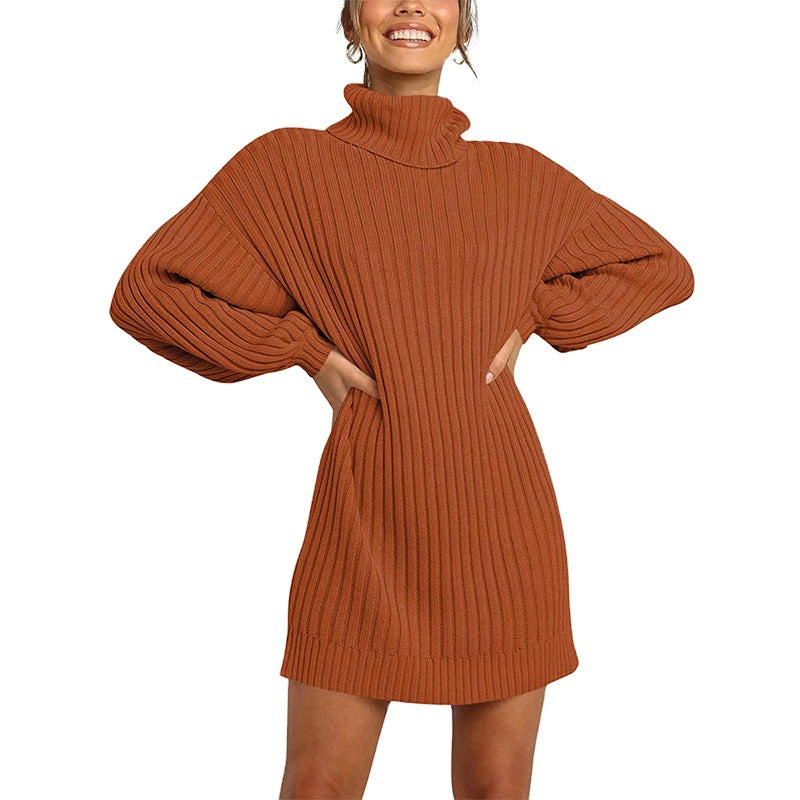 Women Ribbed Turtleneck Mini Dress with Oversized Silhouette and Balloon Sleeves Chichicherry