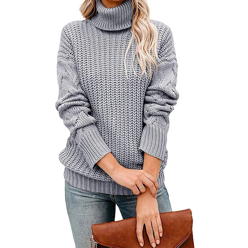 Ladies Chunky Knit Turtleneck Sweater with Waffle Structure and Dropped Shoulders Chichicherry