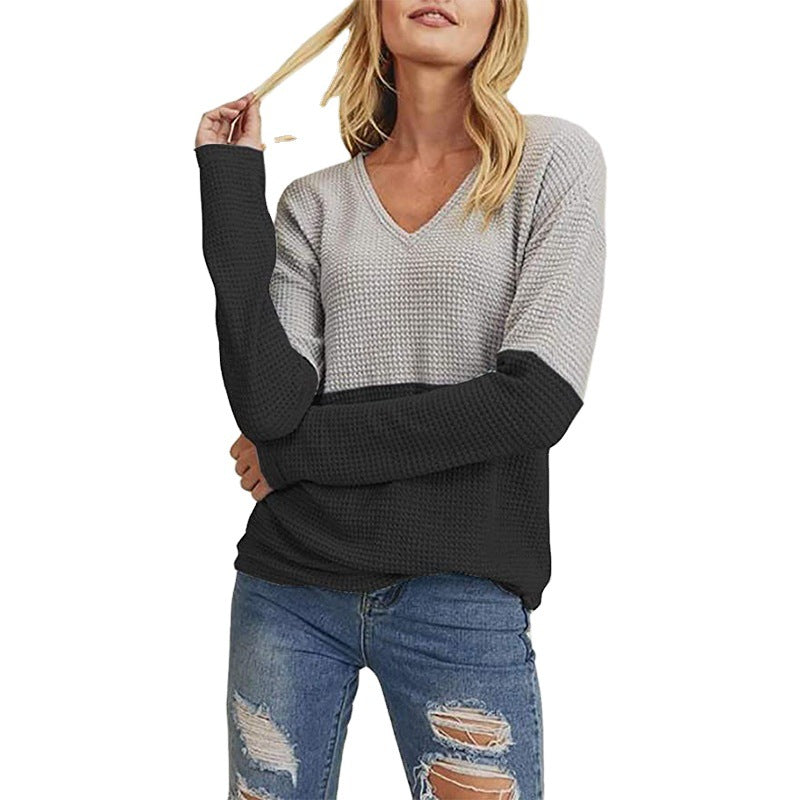 Women's Waffle Knit Sweater with V-Neck and Color Block Design Chichicherry