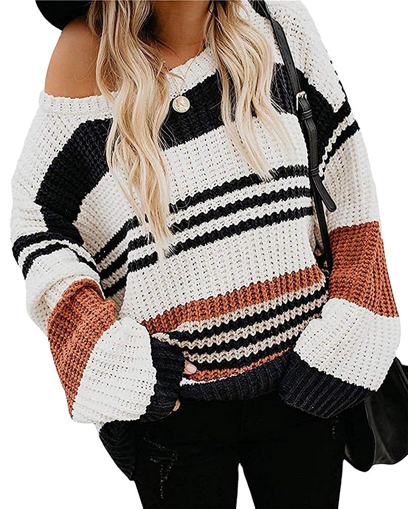Women's Oversize Waffle Knit Sweater with Block Stripes and Dropped Shoulders Chichicherry