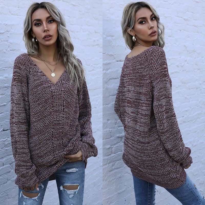 Women's Oversize Knit Sweater with V-Neck and Chunky Mélange Knit Chichicherry