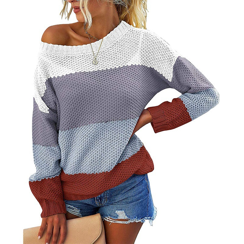 Women's Off-Shoulder Block Stripe Knit Sweater with Waffle Texture and Oversized Cut Chichicherry