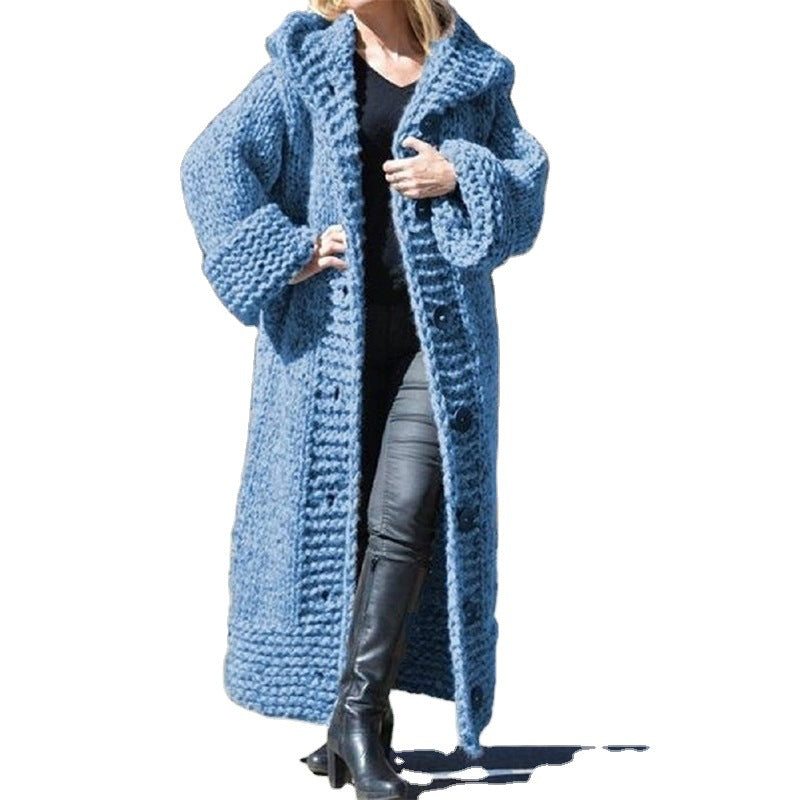 Women's Oversize Chunky Knit Maxi Coat with Hood and Button Placket Chichicherry
