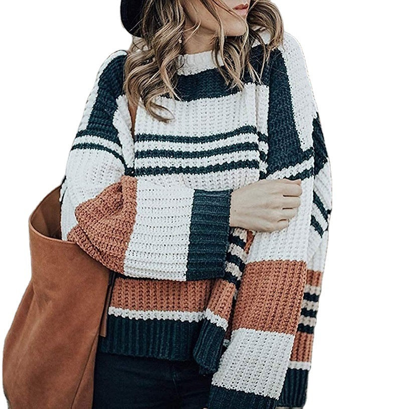 Women's Oversize Waffle Knit Sweater with Block Stripes and Dropped Shoulders Chichicherry