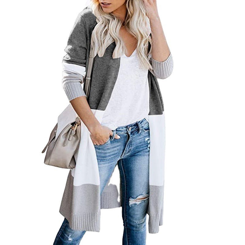 Women's Longline Cardigan with Colorblock, Ribbed Hem and Open Front Chichicherry