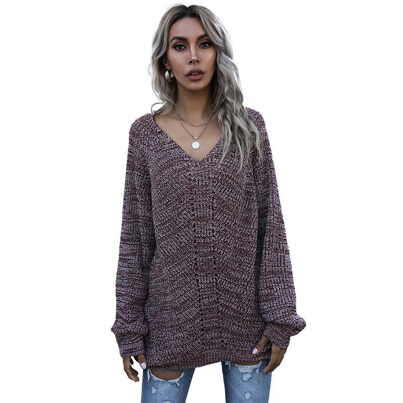 Women's Oversize Knit Sweater with V-Neck and Chunky Mélange Knit Chichicherry