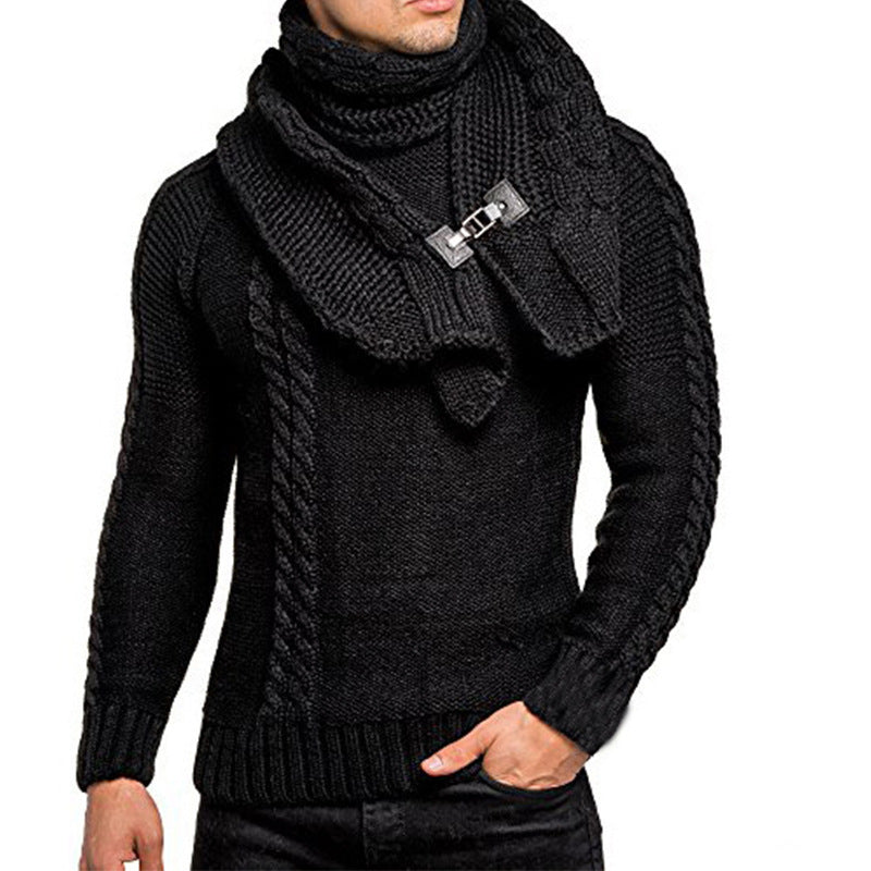 Men's chunky knit sweater with integrated wrap collar and buckle scarf Chichicherry