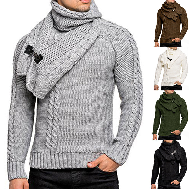 Men's chunky knit sweater with integrated wrap collar and buckle scarf Chichicherry