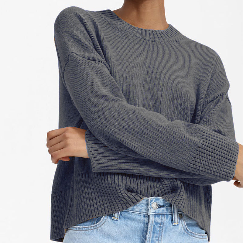 Women's Oversized Fine Knit Sweater with Round Neck, Dropped Shoulder, and Wide Ribbed Hem Chichicherry