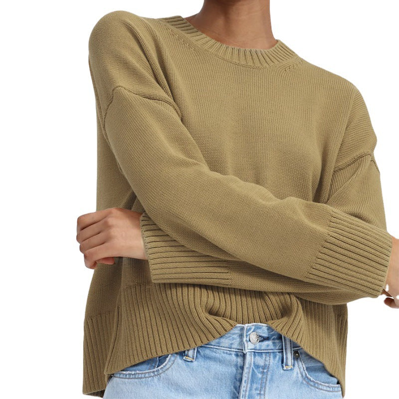 Women's Oversized Fine Knit Sweater with Round Neck, Dropped Shoulder, and Wide Ribbed Hem Chichicherry