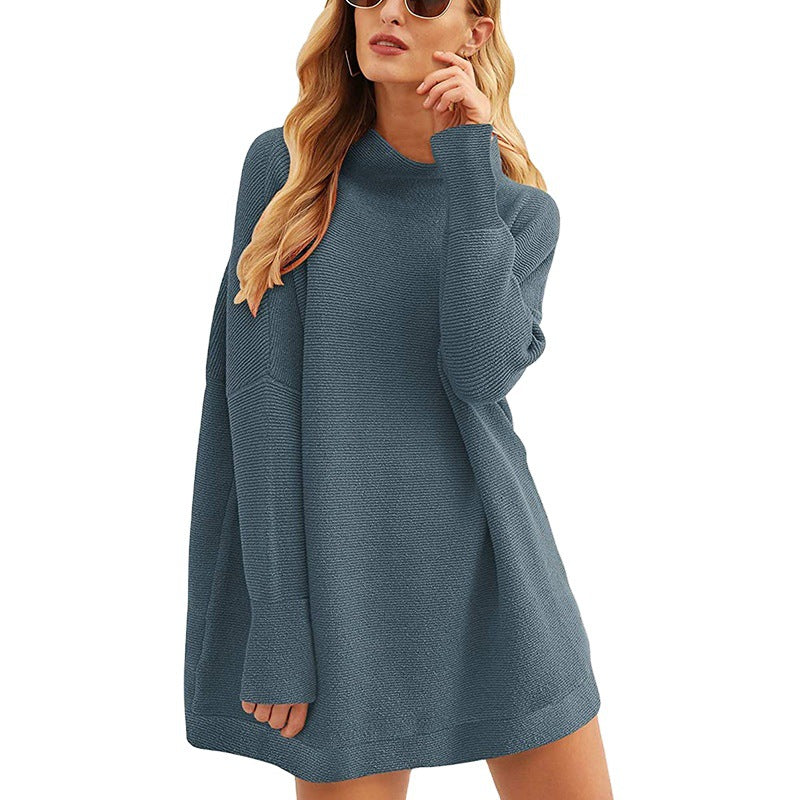 Women Casual Knit Mini Dress with Stand Collar, Oversized Cut and Fine Structured Knit Chichicherry