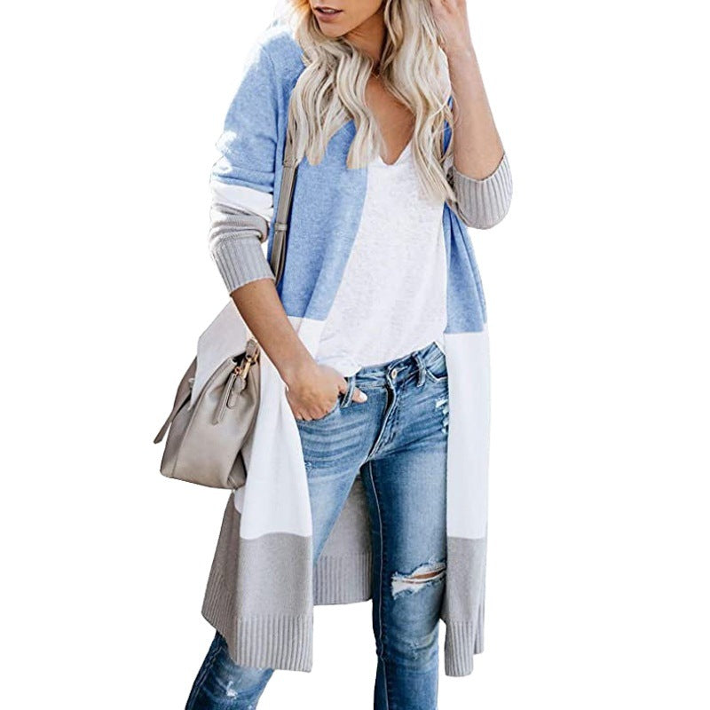 Women's Longline Cardigan with Colorblock, Ribbed Hem and Open Front Chichicherry