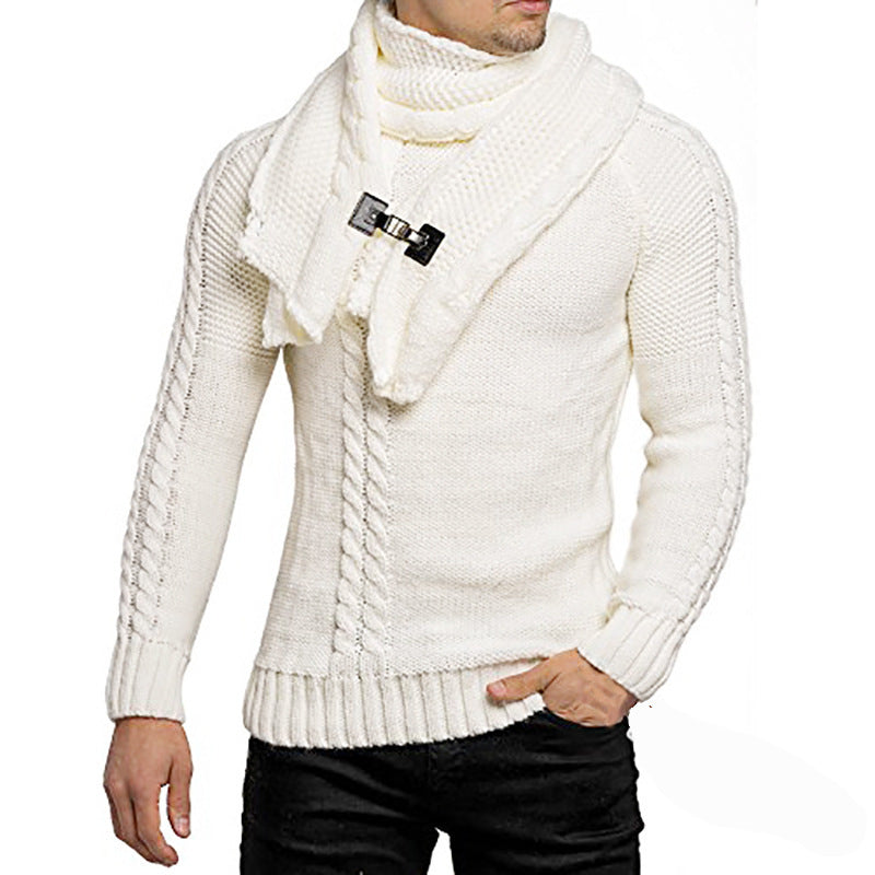 Men's chunky knit sweater with integrated wrap collar and buckle scarf Chichicherry