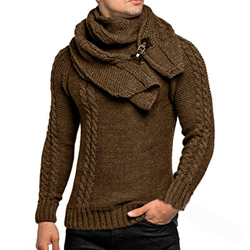 Men's chunky knit sweater with integrated wrap collar and buckle scarf Chichicherry