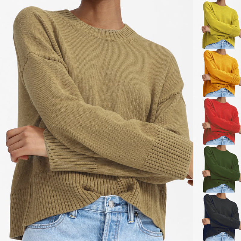 Women's Oversized Fine Knit Sweater with Round Neck, Dropped Shoulder, and Wide Ribbed Hem Chichicherry