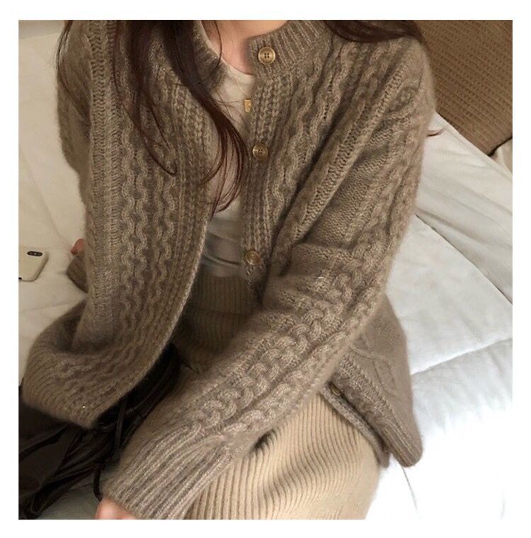 Women's Cozy Cable Knit Cardigan in Mohair Look with Ribbed Hem and Decorative Buttons Chichicherry