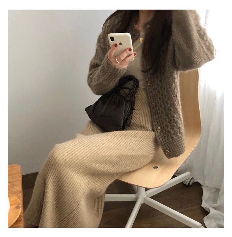 Women's Cozy Cable Knit Cardigan in Mohair Look with Ribbed Hem and Decorative Buttons Chichicherry