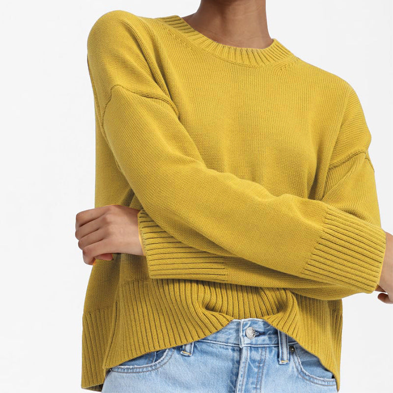 Women's Oversized Fine Knit Sweater with Round Neck, Dropped Shoulder, and Wide Ribbed Hem Chichicherry