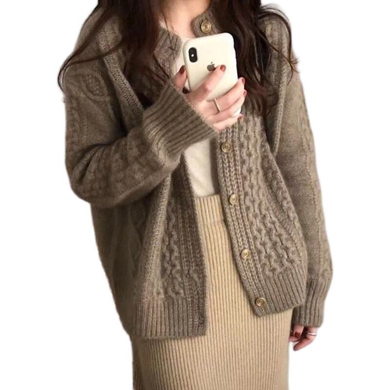 Women's Cozy Cable Knit Cardigan in Mohair Look with Ribbed Hem and Decorative Buttons Chichicherry